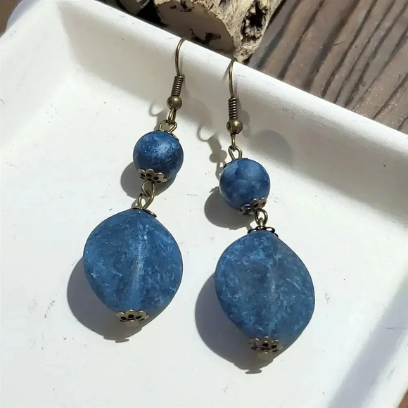 Rustic Bronze Metal Mottled Blue Lightweight Acrylic Handcrafted Dangle Earrings - Picture 1 of 5